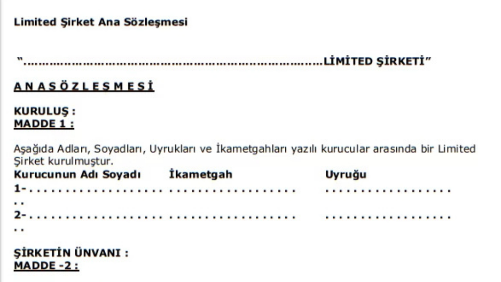 Limited şirket ana sözleşme konuları