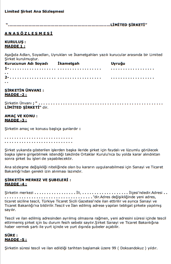 Limited şirket ana sözleşme konuları